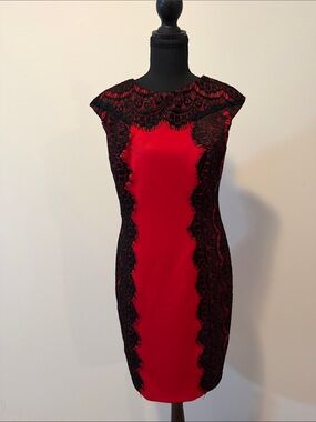 Red Satin Midi Dress with Black Lace Panels